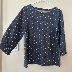 Chico's Dark Blue Textured Polka Dot Top 3/4 Sleeve Ruffle Scoop Neck Size M